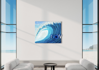 CATCH THE WAVE._NOW by K-NY displayed in a contemporary interior, showcasing a luxury conceptual artwork inspired by movement, energy and opportunity, with a strong architectural presence and museum-quality presentation.