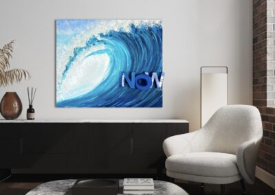 CATCH THE WAVE._NOW by K-NY displayed in a contemporary interior, showcasing a luxury conceptual artwork inspired by movement, energy and opportunity, with a strong architectural presence and museum-quality presentation.