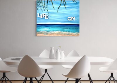 LIFE ON by K-NY — photoluminescent conceptual artwork in spatial context, dual-spectrum composition interacting with light and architecture