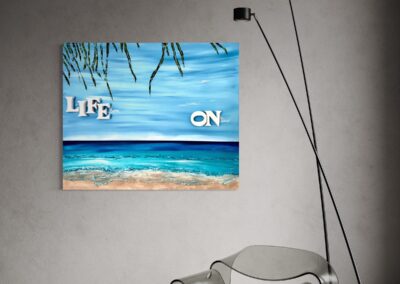 LIFE ON by K-NY — photoluminescent conceptual artwork in spatial context, dual-spectrum composition interacting with light and architecture