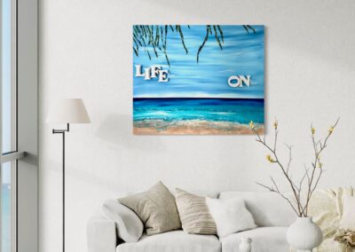 LIFE ON by K-NY — photoluminescent conceptual artwork in spatial context, dual-spectrum composition interacting with light and architecture