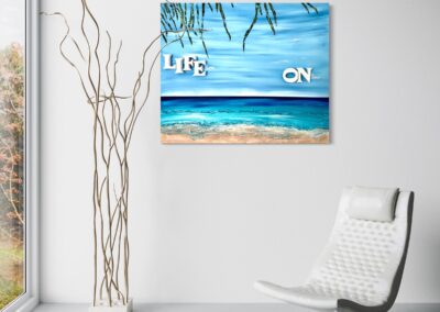 LIFE ON by K-NY — photoluminescent conceptual artwork in spatial context, dual-spectrum composition interacting with light and architecture