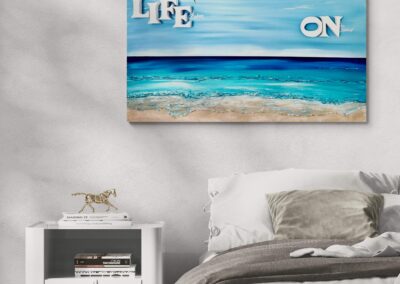 LIFE ON by K-NY — photoluminescent conceptual artwork in spatial context, dual-spectrum composition interacting with light and architecture