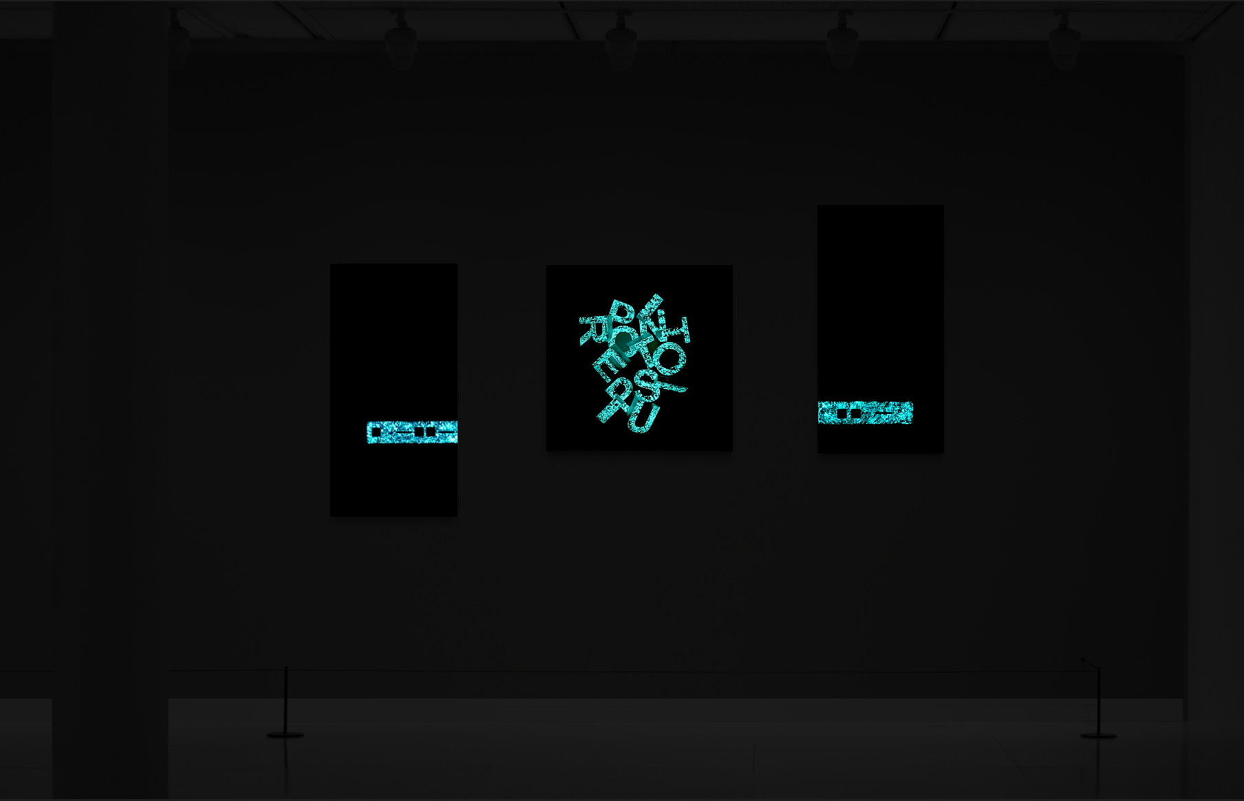 CASE 02 — WAIT... by K-NY, night view showing the three autonomous artworks HMM..., WAIT A SECOND... and TOUCHÉ. illuminated by photoluminescent elements.