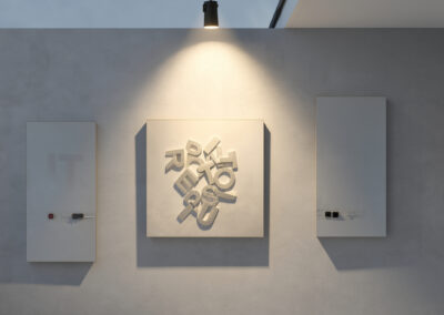 CASE 02 — WAIT... by K-NY, showing all three MOVES HMM..., WAIT A SECOND... and TOUCHÉ. together in an architectural interior.