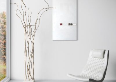 HMM..., MOVE I of CASE 02 — WAIT... by K-NY, shown in an architectural interior with its sculptural surface and Morse-code element visible.