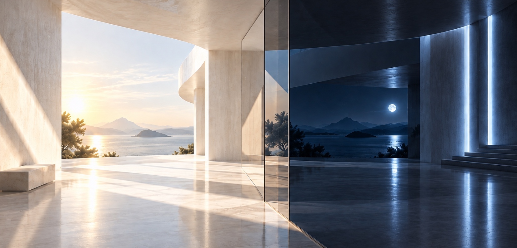 DOUBLE REALITY™ by K-NY — architectural space transforming between day and night through light, perception and spatial atmosphere.