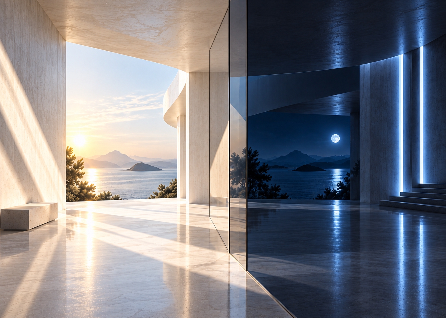 DOUBLE REALITY™ by K-NY — architectural space transforming between day and night through light, perception and spatial atmosphere.