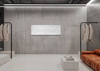 THE RED THREAD by K-NY in interior space — large-scale monochrome mixed-media work with white linear structure creating psychological tension, orientation, and spatial calm.