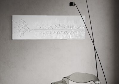THE RED THREAD by K-NY in interior space — large-scale monochrome mixed-media work with white linear structure creating psychological tension, orientation, and spatial calm.