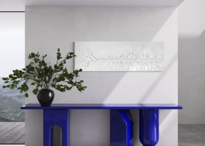 THE RED THREAD by K-NY in interior space — large-scale monochrome mixed-media work with white linear structure creating psychological tension, orientation, and spatial calm.