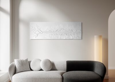 THE RED THREAD by K-NY in interior space — large-scale monochrome mixed-media work with white linear structure creating psychological tension, orientation, and spatial calm.