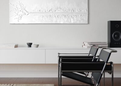 THE RED THREAD by K-NY in interior space — large-scale monochrome mixed-media work with white linear structure creating psychological tension, orientation, and spatial calm.