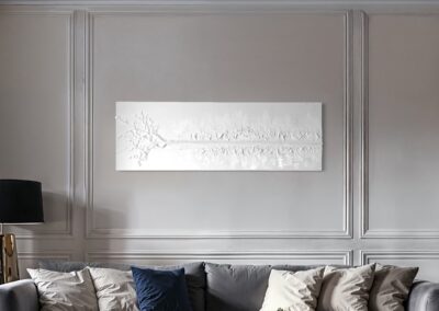 THE RED THREAD by K-NY in interior space — large-scale monochrome mixed-media work with white linear structure creating psychological tension, orientation, and spatial calm.