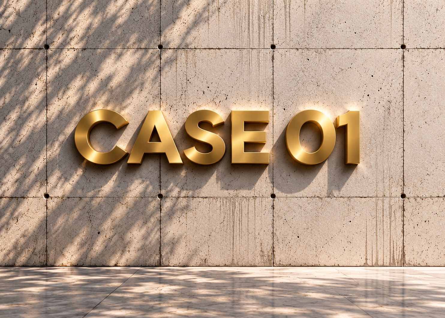 Golden 3D lettering displaying CASE 01 on a sand-colored architectural concrete wall with natural sunlight and soft tree shadows.