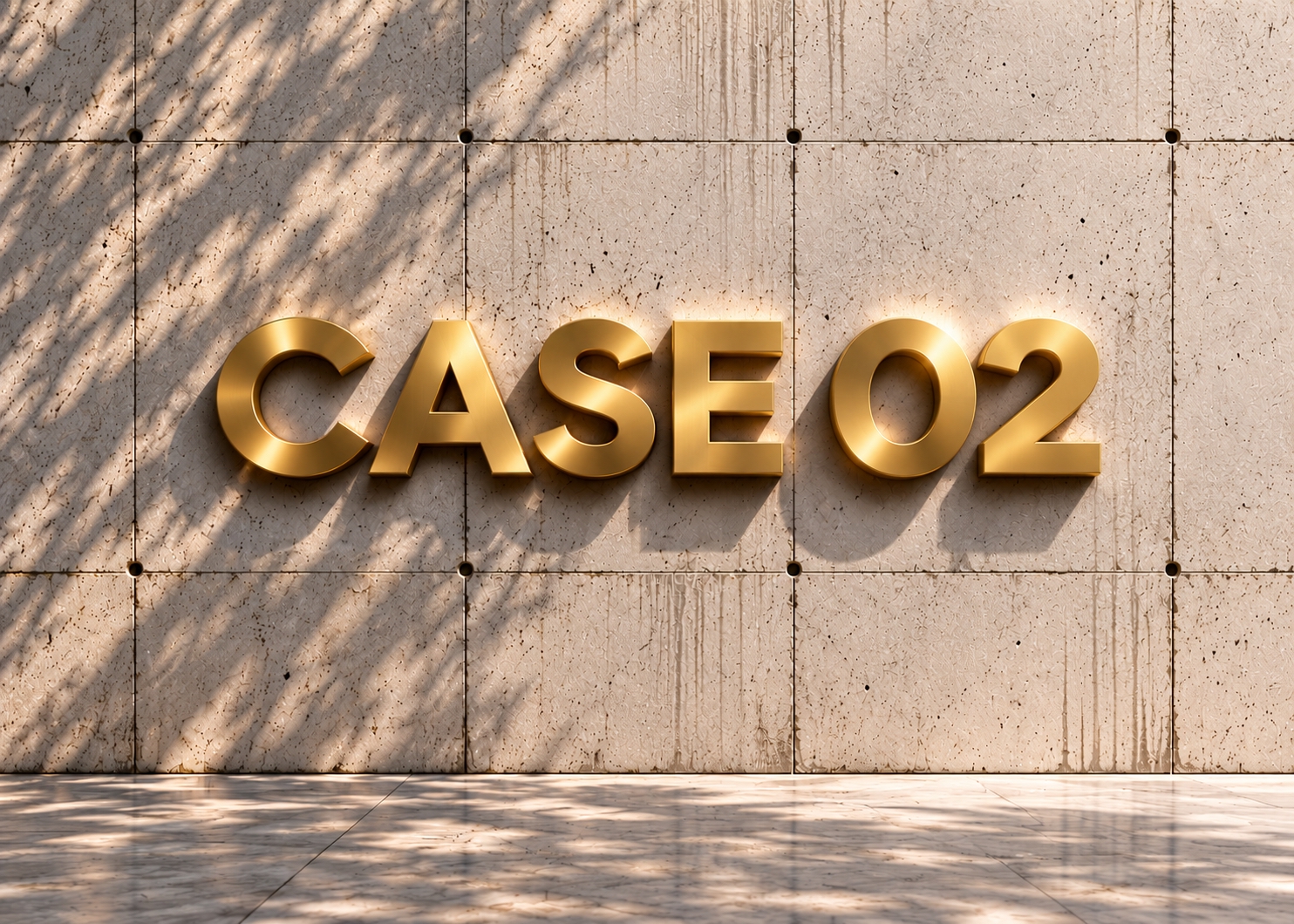 Golden 3D lettering displaying CASE 02 on a sand-colored architectural concrete wall with natural sunlight and soft tree shadows.