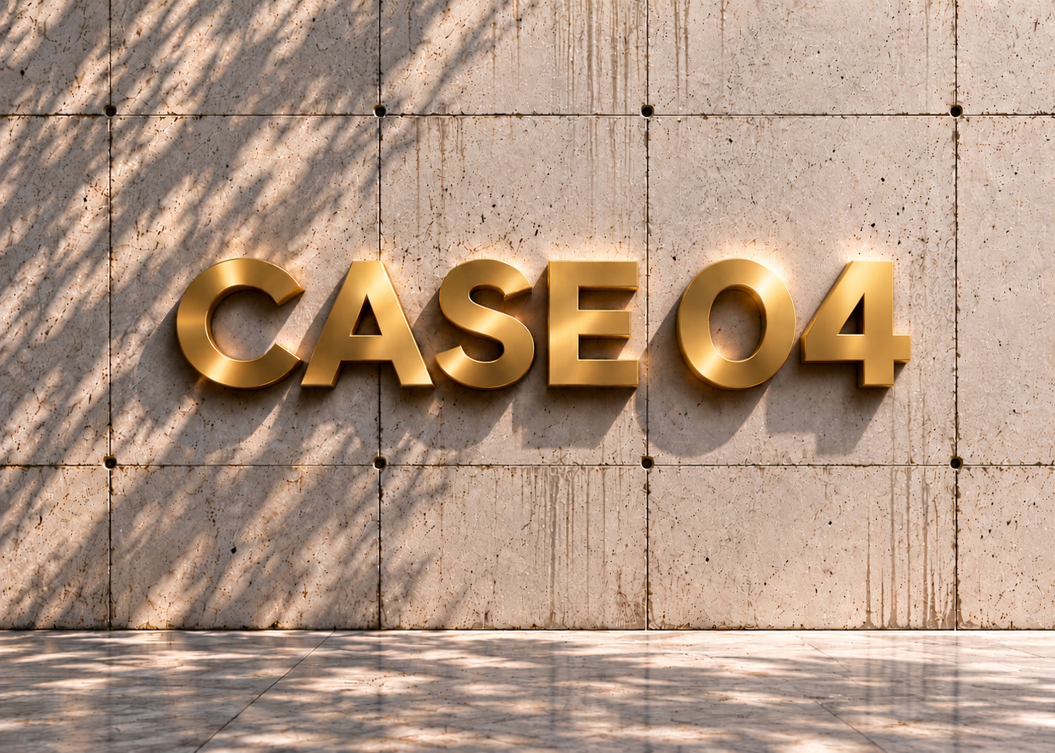 Golden 3D lettering displaying CASE 04 on a sand-colored architectural concrete wall with natural sunlight and soft tree shadows.